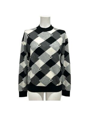 Chanel Long Sleeve Sweater 38 M Black Gray White Cashmere CC Logo
